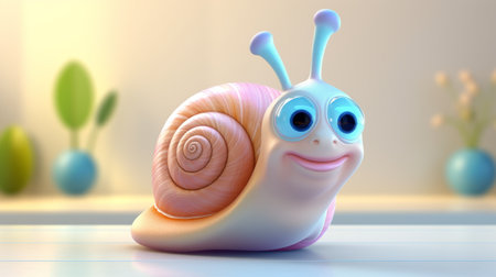 an animated snail for desktop pc in a 3d video format. this caricature-like illustration features a lensbaby effect, created using zbrush software. the image is in uhd resolution, with a surrealistic touch of light white and light magenta colors. the snail is portrayed as a ceramic sculpture, with a whimsical twist in light yellow and light orange tones. ai generatedの素材