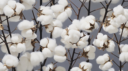 white cotton plant with a gray background, showcasing intricate textile patterns. this uhd image captures the beauty of pictorial fabrics, blending natural and man-made elements. shot with kodak aerochrome, the photo reveals blink-and-you-miss-it details, including the sky-blue hues. ai generatedの素材