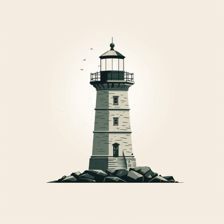 a vintage graphic design-inspired photo featuring a lighthouse standing tall amidst rocks, with a charming beach hut perched on top. the image showcases luminous light and shadow, while incorporating hyper-realistic animal illustrations. the trace monotone technique and muted color palette add to its nostalgic appeal. the photo also includes a touch of cartoonish character design and fine detailing. ai generatedの素材