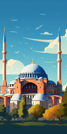 blue mosque with tree and sky in the background, featuring bold graphic illustrations inspired by historical illustrations, graphic design, and animated illustrations. the mosque showcases polychrome terracotta and is depicted in a style reminiscent of illustrated advertisements and hard-edged paintings. ai generatedの素材