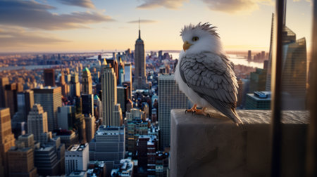 a bird gracefully glides on a ledge, with the cityscape as a stunning backdrop. this captivating image combines elements of iconic pop culture references, focus stacking, characterized animals, and the artistic influence of the new york school. rendered in maya, the photo showcases a striking combination of white and silver tones, reminiscent of a national geographic masterpiece. ai generatedの素材