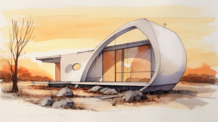 an abstract house, inspired by organic forms and comic book aesthetics, is depicted in this beautiful rendering. the muted tones of light white and amber create a calming atmosphere, while the realistic watercolors bring the design to life. detailed marine views and sustainable architecture elements add depth to this desertwave-inspired artwork. ai generatedの素材