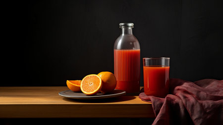 a bottle of orange juice and orange slices are placed on a wooden table, creating a visually striking composition. the photo is captured in the style of dark gray and crimson, with monochromatic layers that add depth. the artist, hedi xandt, emphasizes tonal sharpness, showcasing the beauty of mundane materials. this high-quality photo by mars ravelo showcases the artistry and attention to detail. ai generatedの素材