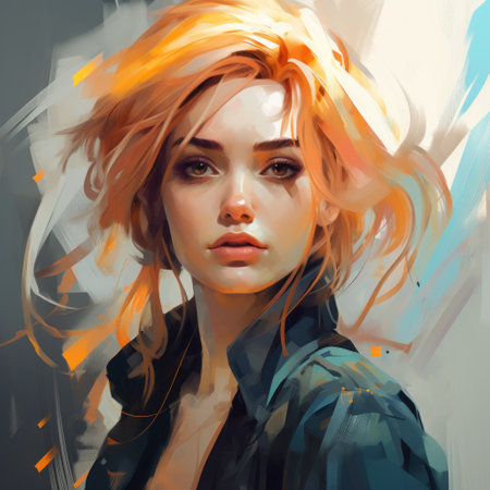 anna eloh art illustration: digital art by kathy hogg available for download. this artwork showcases bold, manga-inspired characters with hyper-realistic oil techniques. the color palette features a combination of light orange and dark cyan, creating a visually striking contrast. the concept art exhibits rough edges and sharp brushwork, resulting in a captivating and dynamic illustration. ai generatedの素材