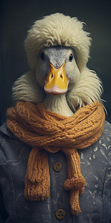 a goose wearing a cozy scarf is captured in this photograph, inspired by the artistic style of reylia slaby. the image showcases detailed portraiture, reminiscent of the work of matti suuronen. with elements of duckcore and a close-up perspective, the photo also exudes a touch of toyen's aesthetic. the scarf appears slightly frayed, adding a charming and unique touch to the overall composition. ai generatedの素材