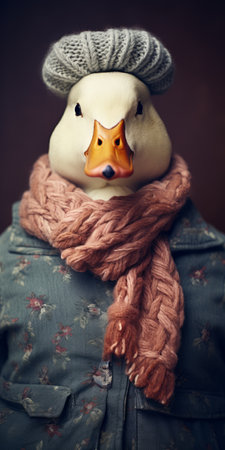 the duck stands gracefully in a knit scarf, captured in a photographically detailed portrait. this soft-focus portrait, reminiscent of the style of reylia slaby, showcases the exquisite clothing detail. the muralistic influence, similar to fernando botero's work, adds depth to the image. the scene is reminiscent of a wimmelbilder, with various elements coming together harmoniously. ai generatedの素材