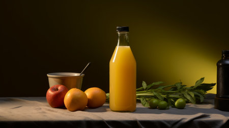 glass bottle with orange juice, reminiscent of classic still life compositions. processed with darktable, the image showcases a harmonious blend of applecore, light orange, and gray tones. the juxtaposition of objects creates an intriguing visual contrast, while the organic composition adds depth. captured using a fujifilm x-t4. ai generatedの素材