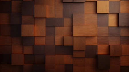 a high-resolution wooden background design featuring a voxel art style. the design showcases a combination of light orange and dark bronze colors, created using cinema4d rendering software. the texture-rich surfaces exhibit vivid color blocks and layered textural surfaces, resulting in a visually appealing and texturally diverse composition. ai generatedの素材