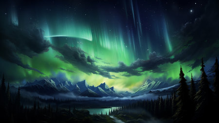 aurora and sun illuminate a stunning mountain landscape, resembling naturalistic animal paintings. the captivating scene showcases dark emerald and dark cyan hues, creating an atmospheric ambiance. the photo captures the essence of weathercore and heistcore aesthetics, with a panoramic view that highlights the breathtaking beauty of the lush landscape. ai generatedの素材