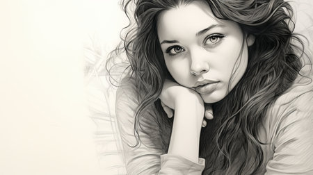 a pencil drawing of a girl with voluminous hair, showcasing a realistic hyper-detailed rendering. the artwork captures the pensive pose of the subject, reminiscent of daz3d creations. the serene expression on her face adds to the overall tranquility of the piece. this high-resolution illustration showcases intricate details, making it perfect for large canvas sizes and detailed character depictions. ai generatedの素材