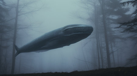 a vibrant, full-color whale gracefully levitates in a wintery, foggy forest. the forest, with its monotone and dull appearance, provides a striking contrast to the vividness of the whale. captured in a delicate pose, this enchanting moment was beautifully captured on film by hasselblad for a magazine editorial photoshoot. ai generatedの素材