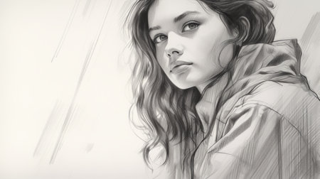 a digital painting by jonathen ruiter featuring a woman looking away. this detailed sketch showcases wet-on-wet blending techniques, resulting in a realistic and hyper-detailed portrait. the light gray tones add depth to the charming character illustration. captured using a fujifilm x100v camera. ai generatedの素材