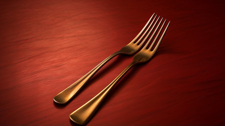 small tabletop forks and knives are placed on a table against a vibrant red background. the photo showcases a distorted perspective, with golden hues and a matte finish. the primitivist style of the image is rendered using maya software. ai generatedの素材