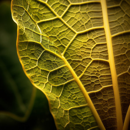 a dark and yellow leaf stands out against the background, showcasing organic textures. the image captures the intricate joints and connections of the leaf, emphasizing the golden ratio. shot with a petzval 85mm f22 lens, the photo showcases eco-friendly craftsmanship and has been digitally enhanced for added impact. ai generatedの素材