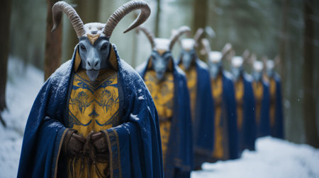 a group of horned men, dressed in dark azure and gold costumes, walk through a snowy forest. the stylish costume design, inspired by folklore, features intense close-ups and symmetrical arrangements. these mallgoth-inspired individuals create a visually striking scene, with their unique horned headpieces and the snowy backdrop. ai generatedの素材