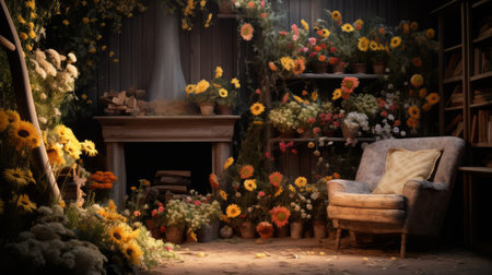 a room filled with an abundance of flowers and chairs, featuring a captivating art print in the background. the room showcases a unique blend of digital manipulation, post-apocalyptic backdrops, and studio portraiture. the ambiance is enhanced by the use of natural materials, with a color palette dominated by dark gray and amber tones. the image captures the charm of idyllic rural scenes, presented in stunningの素材