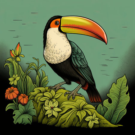 cartoon toucan illustration by sharon tibet artist featuring highly detailed foliage, chiaroscuro woodcuts, 2d game art, traditional landscapes, bold color scheme, realistic hyper-detail, and vibrant birds and flowers. ai generatedの素材