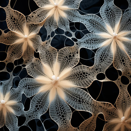 a set of 3d knitted flowers by nicolas schalk, featuring intricately patterned backgrounds in light black and beige. the flowers are captured through the lens of macro photography, showcasing their biomorphic abstraction. the use of glass as a material adds a touch of elegance to the white and orange color palette. ai generatedの素材