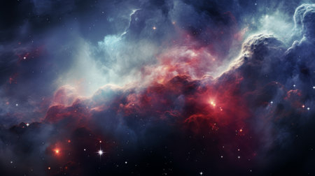 stars and clouds in space, captured in a mesmerizing image featuring interstellar nebulae. the artwork showcases a stunning blend of light crimson and cyan hues, creating a captivating visual experience. with soft edges and atmospheric effects, the highly detailed depiction of stars against a dark gray and crimson backdrop is truly enchanting. ai generatedの素材