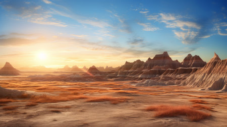 desert landscape at sunset, captured in a stunning 3d rendering. this stock photo showcases the beauty of a desert with organic formations, resembling the tilt-shift style. the image features the vibrant colors of crimson and azure, creating a breathtaking scene. shot with a fujifilm x-t4 camera and tokina at-x 11-16mm f/2.8 pro dx ii lens, this photo highlights the unique terrain of northern china. aiの素材