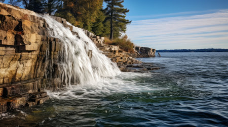 a majestic waterfall cascades down the rocky slope of a mountain, creating a breathtaking scene over the serene lake. captured with the sony fe 12-24mm f/2.8 gm lens, this photo showcases the beauty of nature in large canvas sizes. the combination of reefwave, cottagecore, creased, pantonepunk, and majestic ports adds a unique and captivating touch to this stunning image. ai generatedの素材
