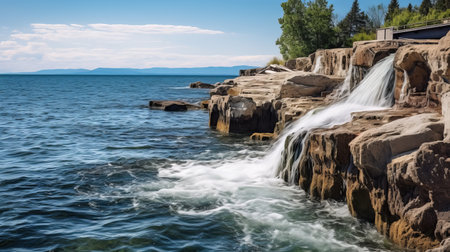 a stunning waterfall cascades down amidst a backdrop of a clear blue sky and serene waters in a park. this picturesque scene captures the essence of coastal views and nature-inspired imagery. reminiscent of a national geographic photo, this uhd image showcases the beauty of the outdoors. the composition is reminiscent of the works of cassius marcellus coolidge, with its organic stone carvings and coastal andの素材