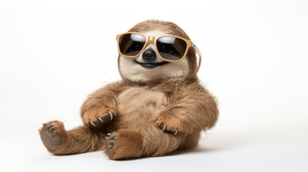 a sloth wearing sunglasses sits in a playful and innocent pose, with softbox lighting enhancing its features. the solarizing master, alex hirsch, has used innovative techniques to capture the sloth's dignified poses in this full-body shot. ai generatedの素材