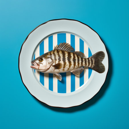 a photo of fishing small flies on a white plate against a vibrant blue background. this composition is inspired by the styles of karen knorr, tyler shields, and maurizio cattelan, featuring striking digital surrealism and trompe l'oeil illusions. the image captures the essence of grocery art with its striped compositions. ai generatedの素材