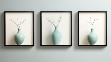 blue vase wall art featuring flowers in a minimalistic composition. the light black and cyan color scheme adds a soft-focus portrait effect. the clean and simple design, along with framing, enhances the snapshot aesthetic. the artwork incorporates light green and light black tones for a visually pleasing display. ai generatedの素材