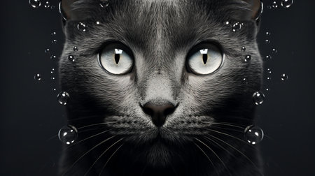 a cat, in the style of realistic hyper-detailed portraits, is being splashed by water and drops. the dark gray and light azure colors create a gothic art vibe, reminiscent of a national geographic photo. the cat's shiny eyes add a captivating element to the matte photo, while the blink-and-you-miss-it detail enhances the overall composition. ai generatedの素材