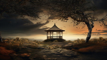 the yew tree outside the gazebo is captured in this uhd image, reminiscent of the style of erik johansson. the richly colored skies create a misty gothic atmosphere, while the birds-eye-view perspective adds depth. the dark silver and amber tones add a touch of mystery, reminiscent of the work of fan ho. ai generatedの素材