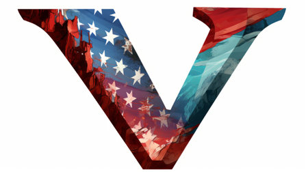 the photo features a red and white letter v, adorned with an american flag image. the style of the image is characterized by dark cyan and turquoise tones, creating a visually striking effect. the artwork incorporates layered imagery with subtle irony, showcasing elements of verdadism. the background showcases mountainous vistas, adding depth to the composition. this photo is available under the creative commons attribution license.の素材