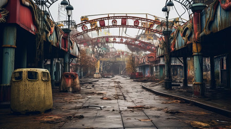 an empty alley, reminiscent of post-apocalyptic imagery, showcases car parks and carnival rides. the scene is a fusion of metropolis and nature, with rusty debris scattered around. the atmosphere is gloomy, yet the restored and repurposed structures add a touch of intrigue. the curvilinear design and the contrasting red and yellow lights create a captivating visual experience. ai generatedの素材