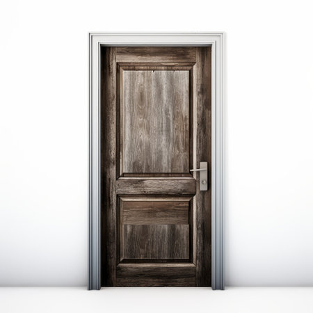 a wooden door in a white room, featuring a dark silver and light brown color scheme. this high-detailed door showcases unpolished authenticity and expert draftsmanship. with an eerily realistic appearance, it exudes a poetcore vibe. the door's eco-friendly craftsmanship adds to its appeal. ai generatedの素材