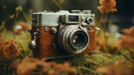 a small vintage camera, in dark orange and silver, is placed amidst the grass, blending seamlessly with its nature-inspired camouflage. this timeless piece of artistry captures images in stunning 8k resolution, perfect for wimmelbilder enthusiasts. with its forestpunk aesthetic and the iconic konica auto s3 branding, this camera is a true gem for photography enthusiasts. ai generatedの素材