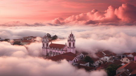 colonial architecture amidst the clouds, captured with a long exposure technique, showcasing a beautiful blend of light bronze and pink hues. this stunning aerial photograph, taken with a nikon d850 and sony fe 12-24mm f/2.8 gm lens, creates an illusion of depth and features a soft focus effect. ai generatedの素材