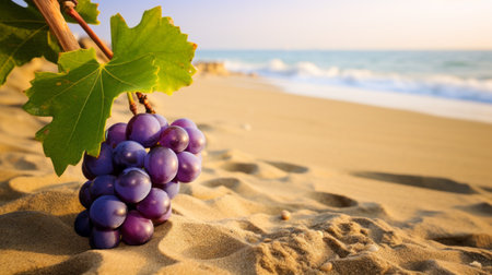 wild black and purple grapes sit on a beach, with waves crashing in the background. this isolated photo, inspired by the mediterranean, showcases the sun-kissed palettes of light purple and light amber. the matte finish adds a touch of artistic flair. this photo is available under the creative commons attribution license and was captured by caras ionut on flickr. ai generatedの素材