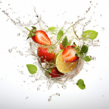 a vibrant and refreshing image capturing a splash of water and a splash of fruits, reminiscent of the iconic graflex speed graphic style. the high-key lighting beautifully highlights the organic geometries of the fruits. this stunning photograph, created by serge marshennikov and basil gogos, is available under the creative commons attribution license. experience the vivid details of this 32k uhd image. ai generatedの素材