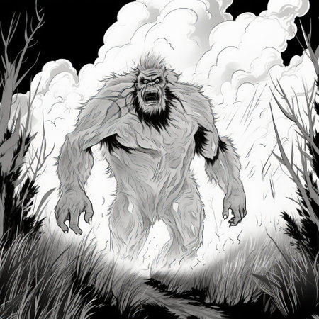 frankenstein's monster-themed coloring book-style page featuring a yeti emerging from a fiery backdrop. the illustration showcases a simple grungy environment with overgrown grass, clean lines, and sharp details. the black and white design adds to the overall aesthetic. keywords: frankenstein's monster, coloring book-style, yeti, fire, grungy environment, overgrown grass, clean lines, sharp details, black and white. ai generatedの素材