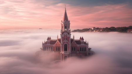 peto pramiha church, captured on november 19, 2011, showcases a stunning scene with lights illuminating the church above the clouds. this photograph, inspired by the styles of lisa holloway, joaquin sorolla, and qian xuan, exudes a fine art nouveau aesthetic. shot with a fujifilm x-t4, the image features a beautiful combination of light red and brown tones, reminiscent of baroque maritime art. ai generatedの素材