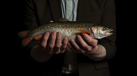 a person in a man suit holding a fish, captured in the style of rodenstock imagon 300mm f58. this realistic still life showcases dramatic lighting, with a touch of frogcore. the image features a dark white and orange color palette, taken with the zeiss milvus 25mm f14 ze lens. discover this captivating photo on flickr, reminiscent of american tonalism. ai generatedの素材