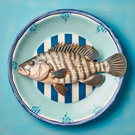 a peacock bass, depicted in a graphic design-inspired illustration style by matthias haker, is showcased on a tabletop with blue and white stripes. this digital illustration, created by gianni strino and bess hamiti, captures the beauty of the fish in a simplified yet captivating manner. the artwork is rendered on glazed earthenware, adding a unique touch to the overall composition. ai generatedの素材