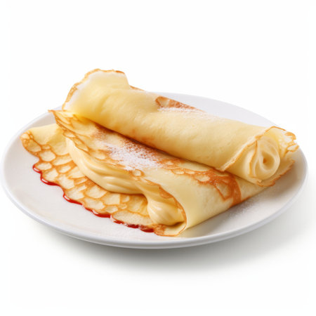 a plate of crepes topped with syrup, presented in a unique style resembling imitated material. the low-resolution image showcases a captivating blend of light gold and red hues. the crepes are beautifully wrapped, evoking influences from tupinipunk, mono-ha, and the rollei prego 90. ai generatedの素材