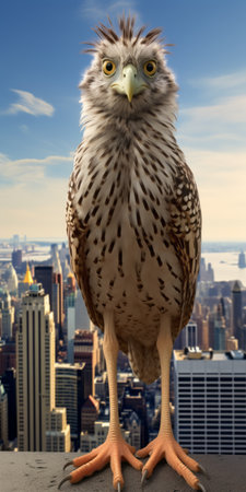 eagle perched atop a city spire, overlooking the new york cityscape. this stunning national geographic photo captures the majestic bird with its long tail, rendered in the style of cinema4d. the high-quality image showcases the intricate details and realism achieved with unreal engine 5. a perfect blend of nature and pop culture references. ai generatedの素材