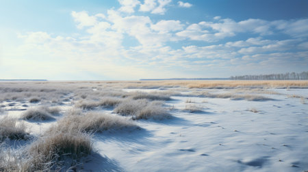 a hyperrealistic photograph of a wintry marsh landscape captured with a single-lens reflex (slr) camera, kodak film, and a 50mm lens. the composition showcases a chilly, pale blue sky above a snow-covered ground, creating a serene and cold atmosphere. the muted tones and vintage texture of the kodak film add an artistic quality to the image, while the 50mm lens captures intricate details of theの素材