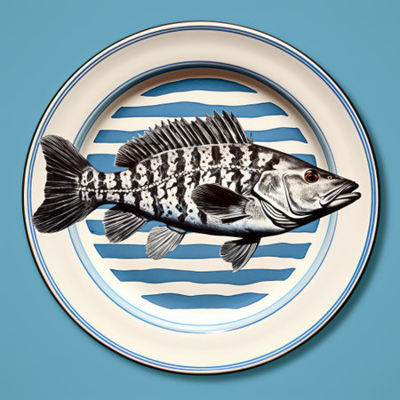 a plate with a fish on it, featuring a striped composition and realistic brushwork. the editorial illustration showcases a realistic blue sky backdrop, with trace monotone elements. the symmetrical balance and fragmented advertising add to the overall aesthetic of the image. ai generatedの素材