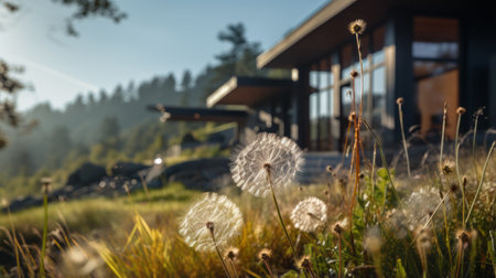 colonial architecture photography of sleek hillside house design by olson kundig, featuring a close-up of a blurred dandelion in the foreground. shot in 8k from a cinematic composition, this image showcases professional color grading, epic volumetric lighting, and sharp focus. captured with a sony alpha a7 iii camera and a sony fe 24-105mm f/4 g oss lens, the photo exudes an atmospheric feel with filmの素材