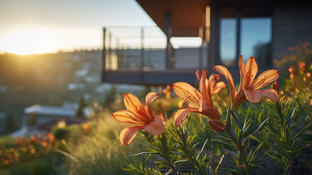 sleek hillside house design by olson kundig captured in this queen anne architecture photography. the close-up shot features a blurred lily in the foreground, adding a touch of nature to the composition. shot in 8k from a cinematic perspective, the image showcases professional color grading, epic volumetric lighting, and sharp focus. taken with a sony alpha a7 iii camera and a sony fe 24-105mm f/4の素材
