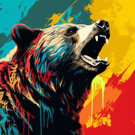 a vibrant digital illustration of a bear painted on blottered paint. this 32k uhd artwork showcases strong facial expression and combines elements of graphic design and linear illustrations. the aggressive style and use of bold colors make it a captivating piece that appeals to both animal and people enthusiasts. ai generatedの素材