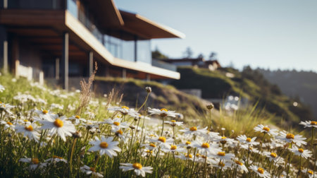 victorian architecture photography of sleek hillside house design by olson kundig. close-up shot of a blurred daisy in the foreground. shot in 8k from a movie-like composition, featuring professional color grading and epic volumetric lighting. the image showcases sharp focus, film grain, and a captivating atmosphere. captured with a sony alpha a7 iii camera and a sony fe 24-105mm f/4 g oss lens, resulting inの素材